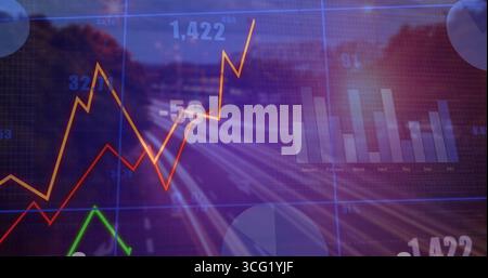 Overlaying grid on highway at dusk, showing colored line charts, bar chart, pie, numeric labels Stock Photo