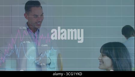 Professionals in business attire discussing financial data on tablet in office, with chart overlay Stock Photo