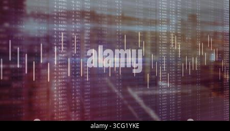 Displaying data overlay on window reflecting street at dusk, with candlestick bars and grid columns Stock Photo