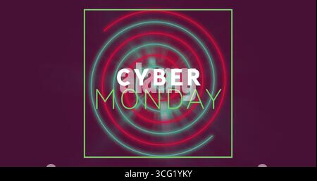 Showcasing neon-themed Cyber Monday graphic glowing on web ad, with concentric rings and frame Stock Photo