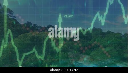 Displaying green line chart over coastal forest shore, with upward arrows and data labels Stock Photo