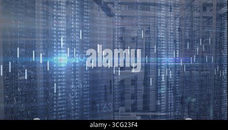Displaying server racks with servers, switches and cables in server room, blinking LEDs and overlay Stock Photo