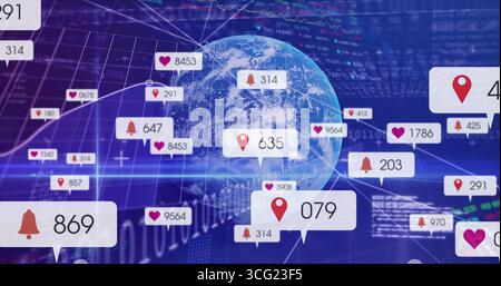 Rotating 3D Earth globe displaying network connections at center, with notification icons and lines Stock Photo