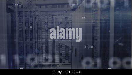 Glowing server racks lining server room aisle, with cables, blinking LED lights and digital overlay Stock Photo
