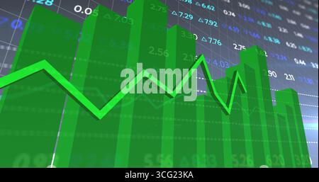 Displaying 3D translucent green bar chart and line graph on trading gridlines, with value labels Stock Photo