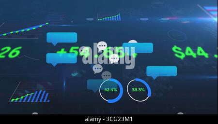 Displaying blue chat bubbles, progress indicators and green numeric values on dark trading screen Stock Photo