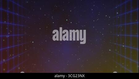 Glowing star-like points drifting across gradient backdrop, with neon-blue grid lines receding Stock Photo