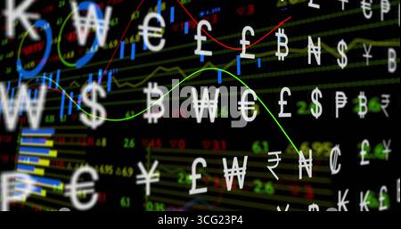 Displaying financial dashboard with floating currency symbols, colorful charts and data on screen Stock Photo