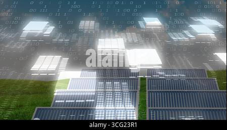 Solar panel array generating energy in rural grass field, with floating binary code overlay Stock Photo