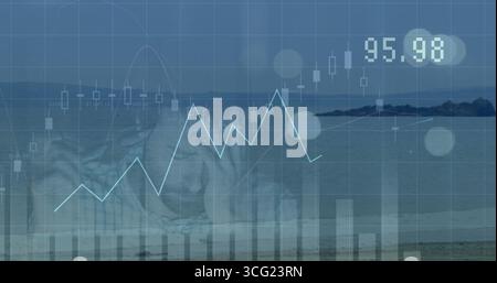 Showing chart overlay over beach, featuring candlestick bars line graph histogram displaying 95 Stock Photo