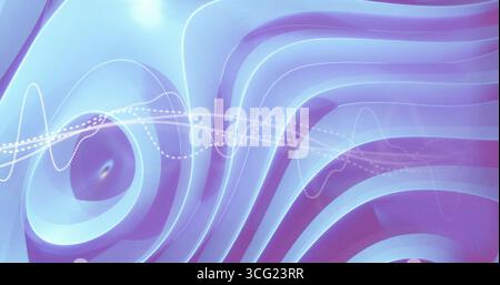Rippling abstract waves moving on digital canvas, with blue ridges and dashed white waveform line Stock Photo