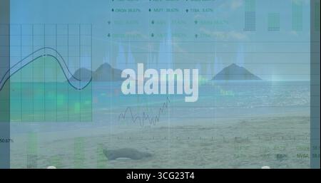 Blending translucent financial dashboard over beach shore showing line graph and percentage labels Stock Photo