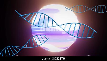 Floating turquoise DNA helix dominating virtual space, glowing banded orb creating scientific motif Stock Photo
