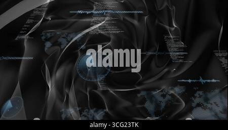 Pulsing radar-like display rotating in data interface, with code blocks, waveforms and map contours Stock Photo