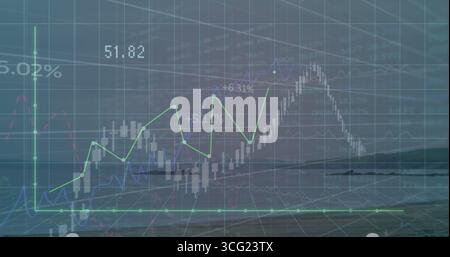 Floating chart showing candlestick bars and line graph above sea with grid plane, percentage labels Stock Photo