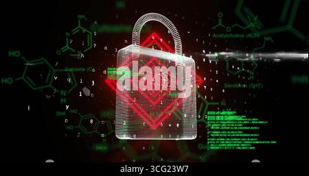 Floating wireframe lock bearing red heart emblem in security scene, flowing code and molecules Stock Photo