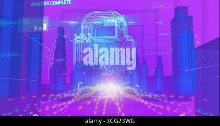 Displaying padlock icon floating in digital dashboard, with holographic skyline and data streams Stock Photo
