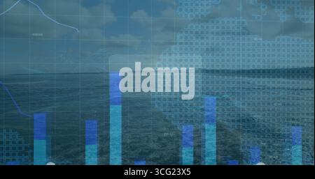 Displaying ocean stretching toward horizon in open sea, with translucent bar charts and line graphs Stock Photo