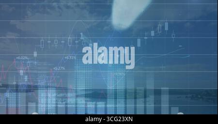 Adult fingertip indicating financial chart in waterfront, with candlesticks, bars and percentages Stock Photo