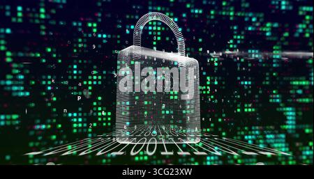 Displaying wireframe digital padlock glowing in cyberspace, with binary grid and floating squares Stock Photo