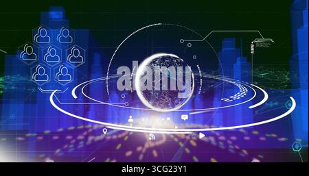 Displaying glowing digital globe rotating in virtual control room, with data rings and bar charts Stock Photo