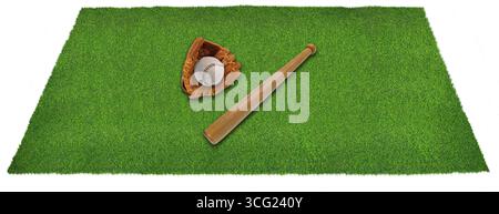 Baseball glove, ball and bat on grass to show playing the game in a neighboring field Stock Photo