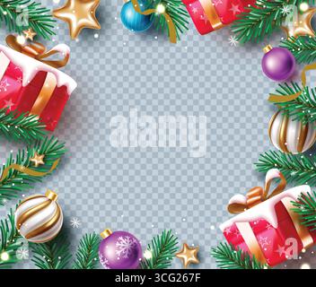 Festive Christmas Border Clipart with Gifts, Baubles, Snowy Pine Branches and Holiday Ornaments Stock Vector