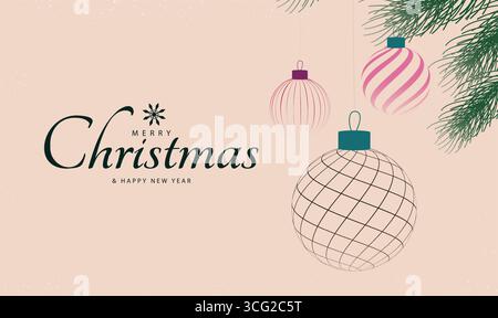 Elegant Christmas Greeting with Hanging Ornaments and Festive Pine Branch Illustration Stock Vector