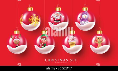 Cute Christmas Ornament Set with Santa, Snowman, Elf, Reindeer, and Gingerbread Characters Stock Vector