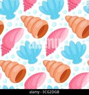 seamless pattern with seashells in vibrant shades of pink, blue, and orange, perfect for beach, summer, or nautical themed designs. Stock Vector