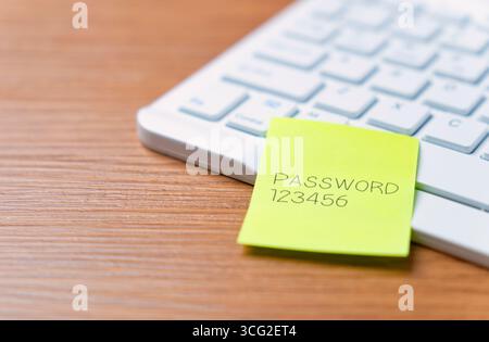 Sticky note with the word "password 123456" on a laptop keyboard. Data protection, password strength concept. Copy space for text. Stock Photo