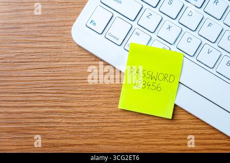 Sticky note with the word "password 123456" on a laptop keyboard. Data protection, password strength concept. Copy space for text. Stock Photo