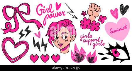 Empowering girly graphics with y2k sticker and doodle aesthetics for feminist messaging. Raised fist with flowers, ribbons and eye alongside face, hearts and lightning for activism or social media Stock Vector