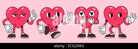 Cartoon groovy heart characters with leg animations, retro mascot expressions and hand gestures for valentine designs. Red kawaii love figures emoticons for stickers or romantic greeting cards. Stock Vector