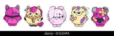 Goth teddy set with stitched cat, unicorn and bunny for alternative kawaii design. Emo bears with broken heart, bandages and needles. Punk plush characters for dark cute stickers or spooky merchandise Stock Vector