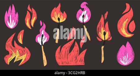 Stylized fire elements with graffiti texture and flame designs - burning matches, pink and orange blazes on dark background. Hand drawn illustrations for urban art project or edgy graphic composition Stock Vector