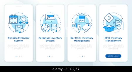 Inventory management systems blue onboarding mobile app screen Stock Vector