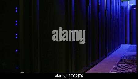 Empty data center, network and storage in server room for IT, infrastructure and software security. Interior, power supply and hub operations for Stock Photo