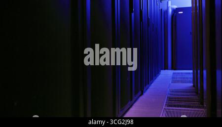 Empty, data center and network storage in server room for IT, infrastructure and software security. Interior, power supply and hud operations for Stock Photo