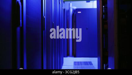 Empty, data center and storage interior in server room for IT, infrastructure and software security. Mainframe, power supply and hub operation for Stock Photo