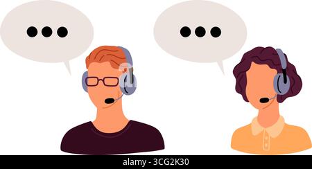 Male and female avatar of call center or customer service. Support worker face. Helpdesk assistance. Man and woman with headphones. Dialog speech Stock Vector
