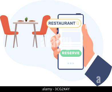 Hand with cell phone looking for available table in restaurant to reserve. Preorder in cafe. Exclusive order. Smartphone application. Hospitality Stock Vector