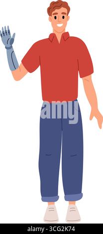 Disabled man with prosthetic bionic arm. Male recovery. Prosthetic artificial hand. Health care and medicine. Handicapped patient. Vector concept of Stock Vector