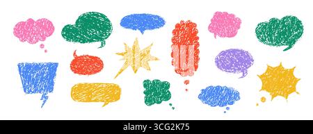 Hand drawn crayon speech bubble. Vector set with chalk scribble text boxes. Colorful retro doodle balloons for comics or chat messages Stock Vector