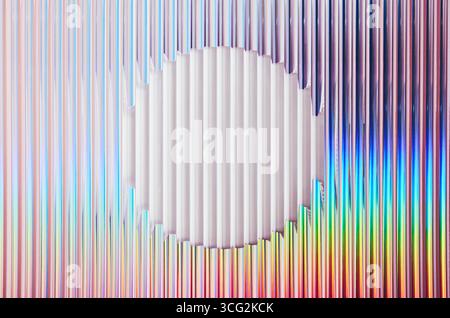 Iridescent gradient ribbed glass background with round frame. Stock Photo