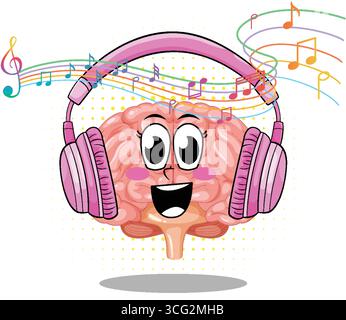 Smiling cartoon brain wearing pink headphones, colorful music notes, playful vector style, white background Stock Vector