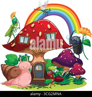 Colorful insects gather at a mushroom house under a vibrant rainbow in a playful scene. Stock Vector