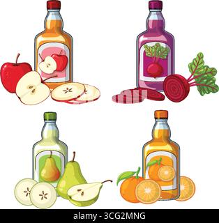 Vector illustration of four glass bottles with assorted fruit and vegetable juices and fresh produce. Stock Vector
