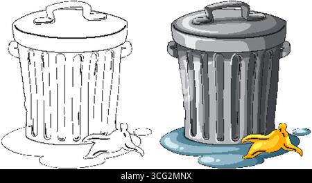 Vector illustration of metal trash can with lid, banana peel, and water puddle in color and black-and-white. Stock Vector
