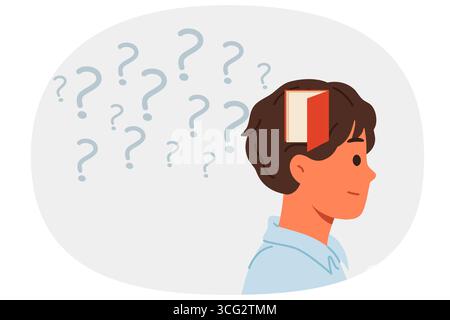 Memory problems in man standing near question marks with door in head, symbolizing alzheimer disease Stock Vector
